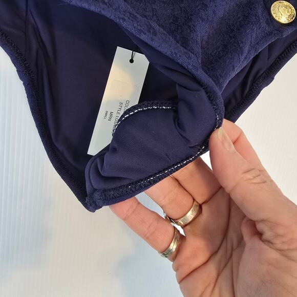 L'Agence Vanessa High Waist Bikini Bottom Marine Blue White Gold Buttons S NEW - Picture 6 of 8